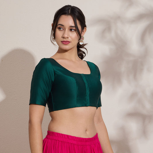 Green Silk Round Neck Padded Blouse