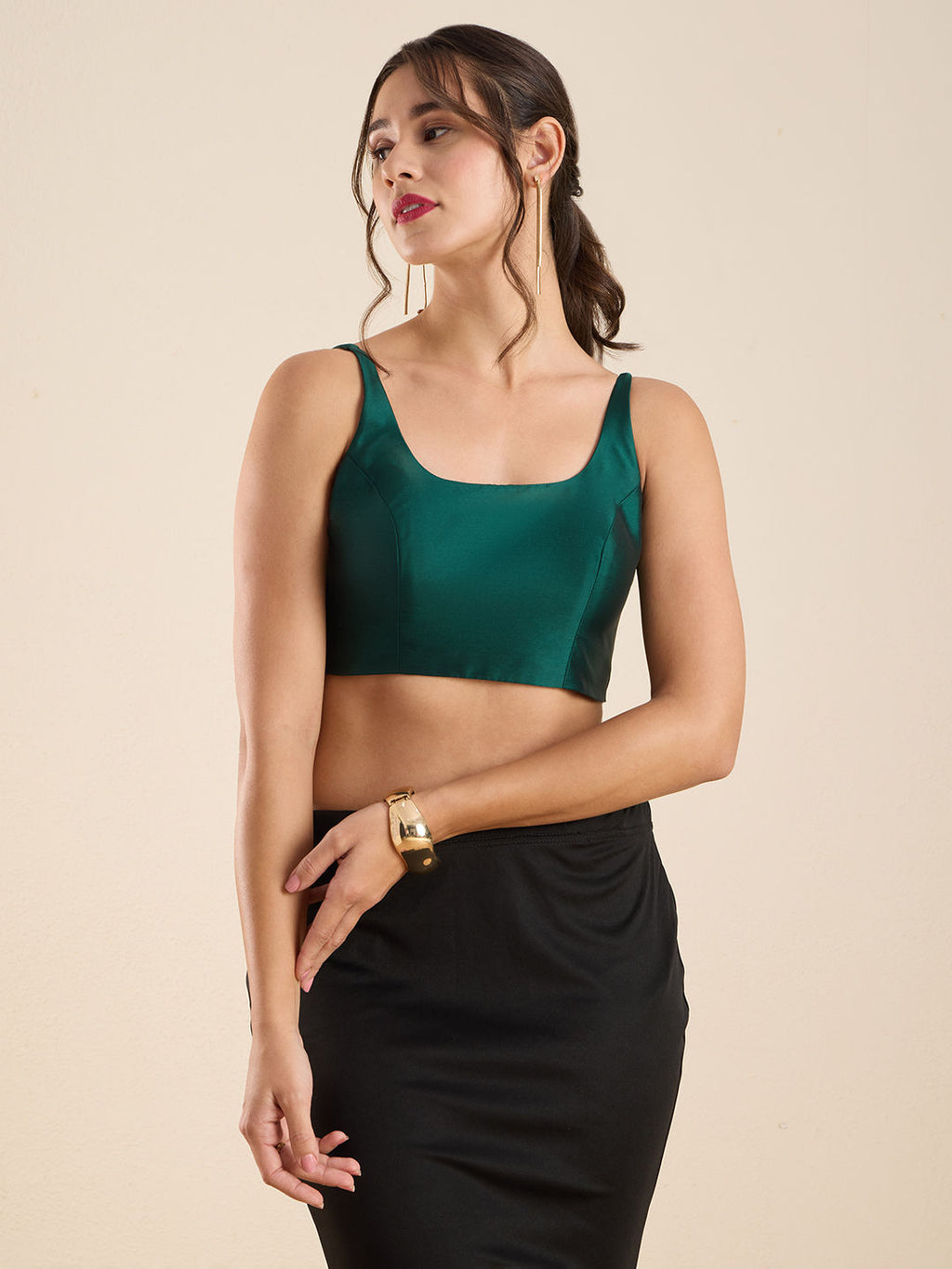 The Blouse Originals Green Silk Round Neck Solid Padded Sleeveless Readymade Saree Blouse