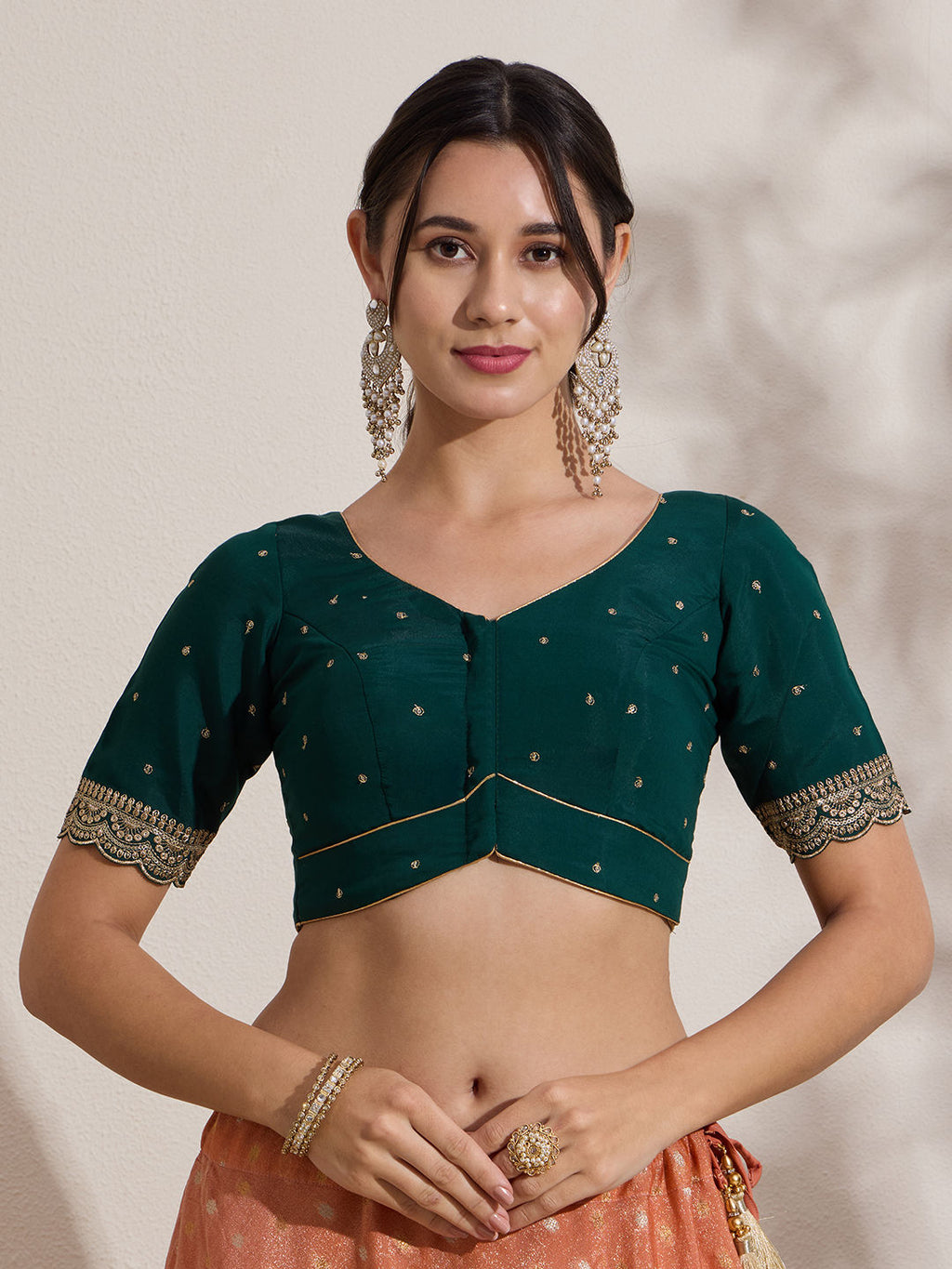 The Blouse Originals Green Butti Silk Sweetheart Neck Padded Readymade Saree Blouse