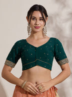 The Blouse Originals Green Butti Silk Sweetheart Neck Padded Readymade Saree Blouse