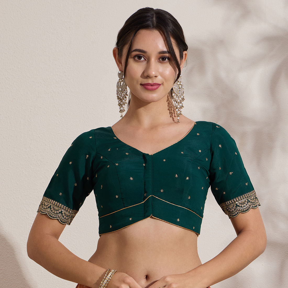 The Blouse Originals Green Butti Silk Sweetheart Neck Padded Readymade Saree Blouse