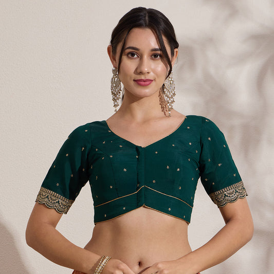 Green Butti Silk Sweetheart Neck Padded Blouse