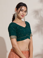 The Blouse Originals Green Butti Silk Sweetheart Neck Padded Readymade Saree Blouse