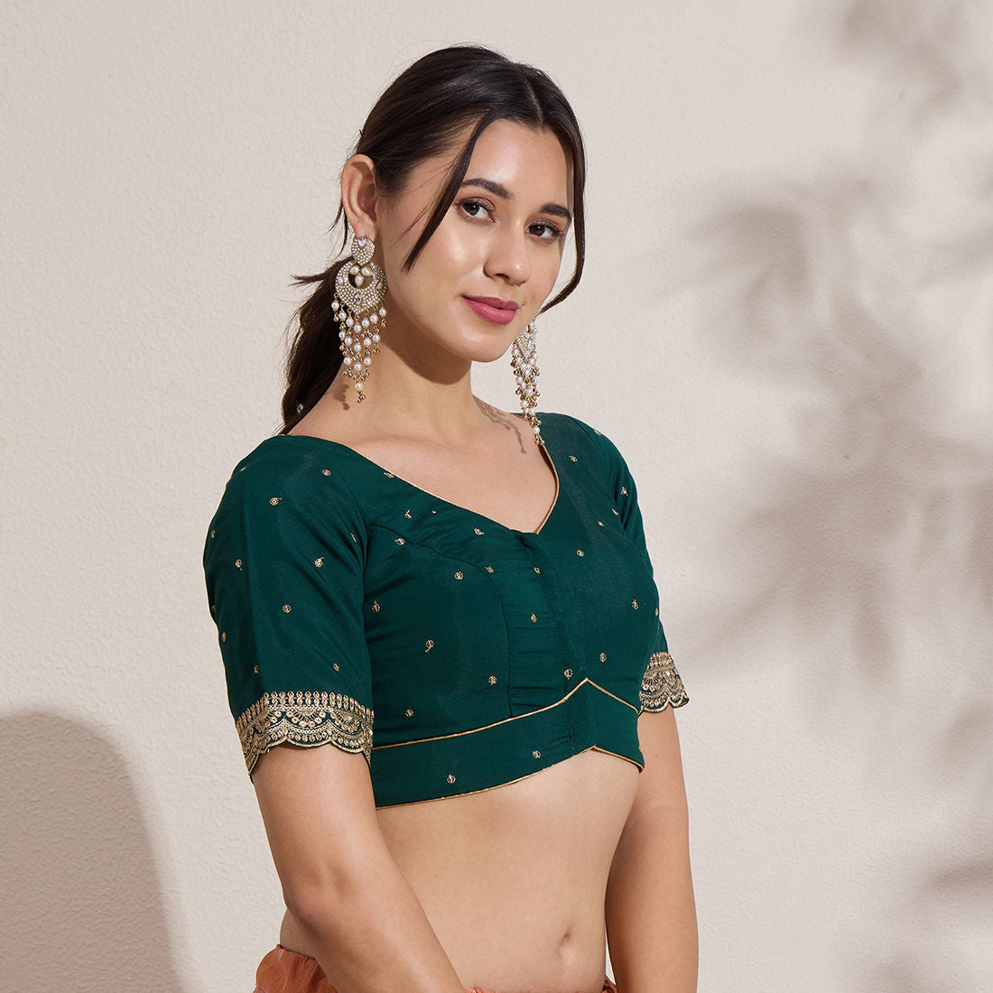 The Blouse Originals Green Butti Silk Sweetheart Neck Padded Readymade Saree Blouse