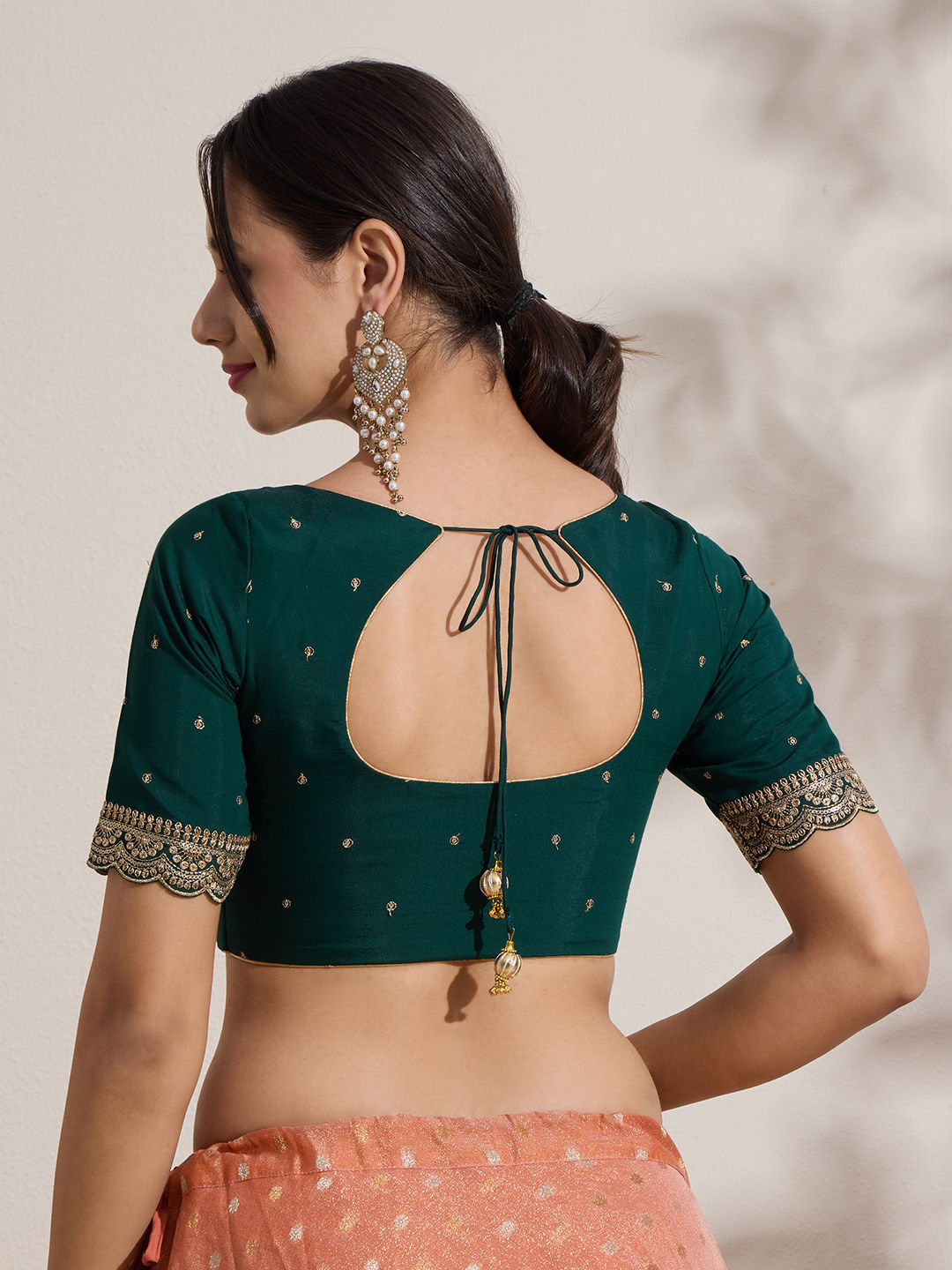 The Blouse Originals Green Butti Silk Sweetheart Neck Padded Readymade Saree Blouse