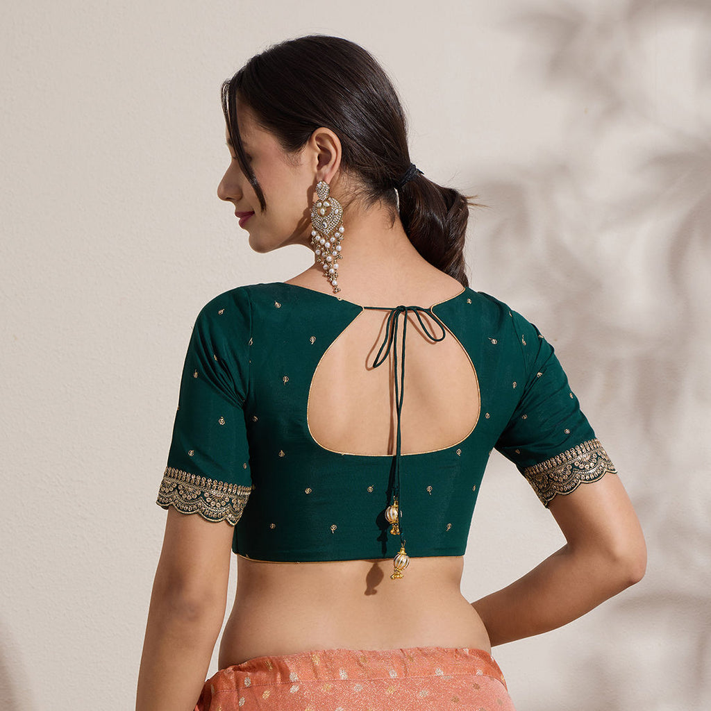 The Blouse Originals Green Butti Silk Sweetheart Neck Padded Readymade Saree Blouse