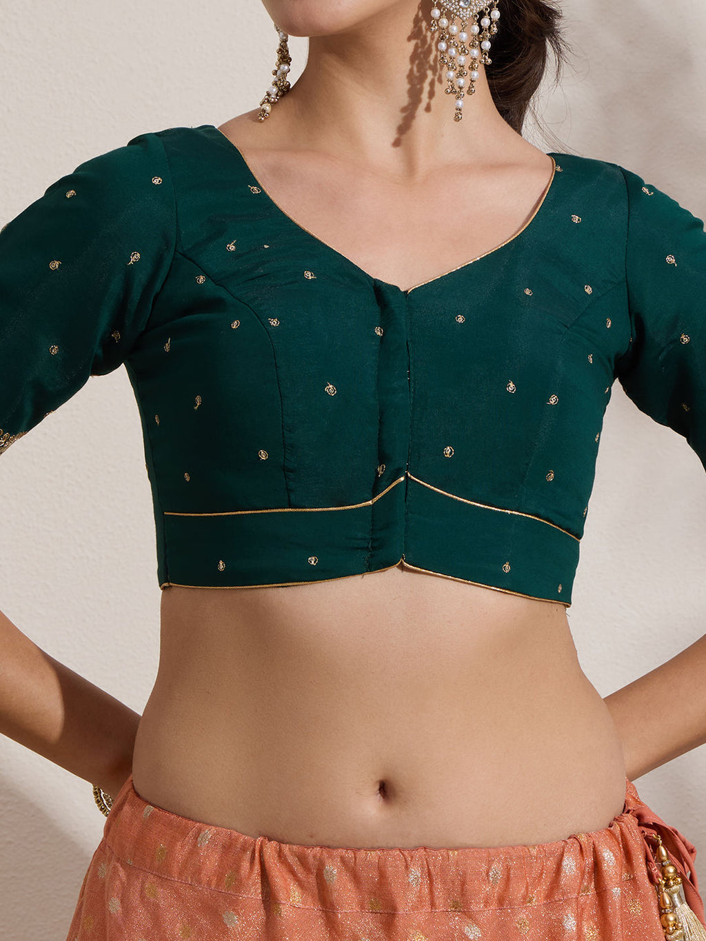 The Blouse Originals Green Butti Silk Sweetheart Neck Padded Readymade Saree Blouse