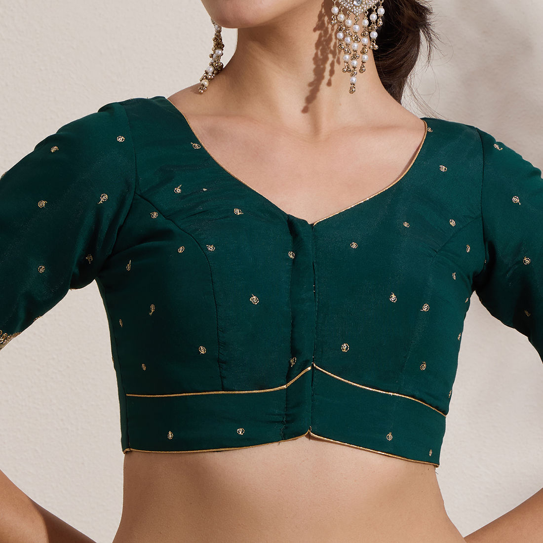 The Blouse Originals Green Butti Silk Sweetheart Neck Padded Readymade Saree Blouse