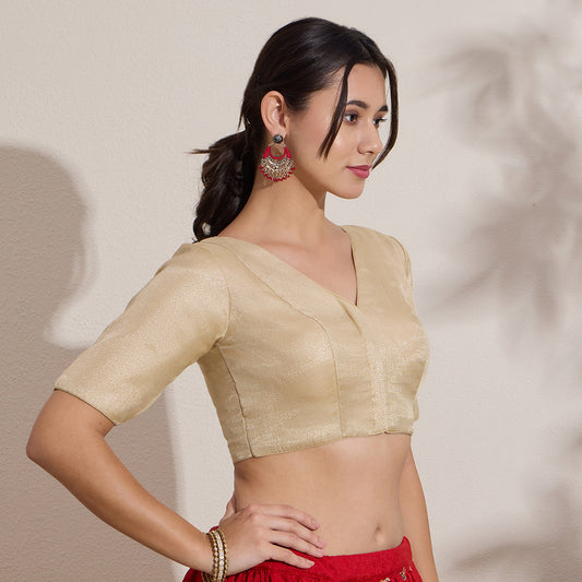 Gold Silk V Neck Padded Blouse
