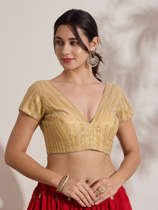 Gold Sequence Deep V Neck Designer Padded Blouse