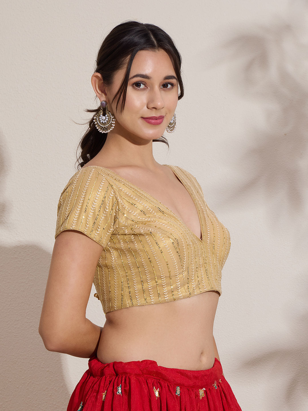 The Blouse Originals Golden Sequinned Embellished V-Neck Readymade Saree Blouse