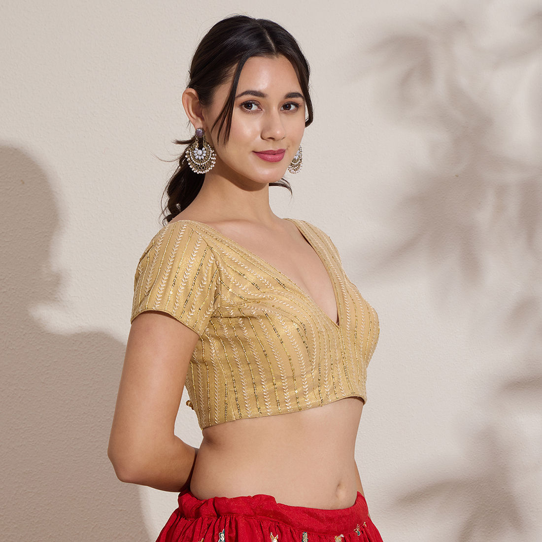 The Blouse Originals Golden Sequinned Embellished V-Neck Readymade Saree Blouse