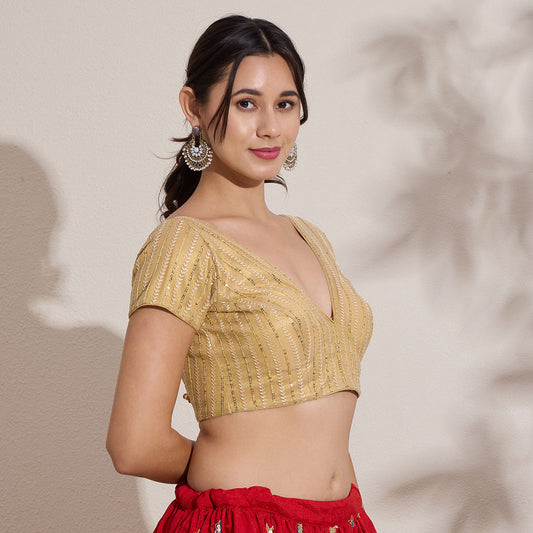 Gold Sequence Deep V Neck Designer Padded Blouse