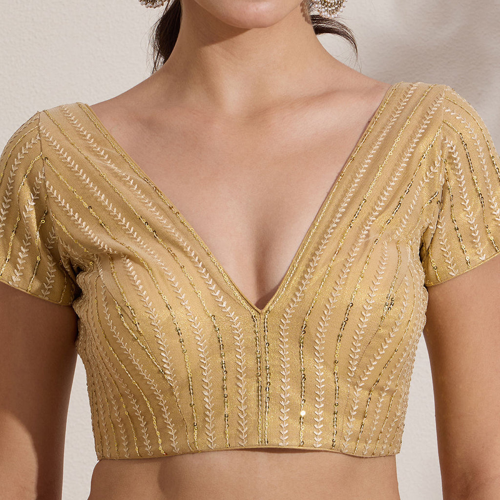 The Blouse Originals Golden Sequinned Embellished V-Neck Readymade Saree Blouse