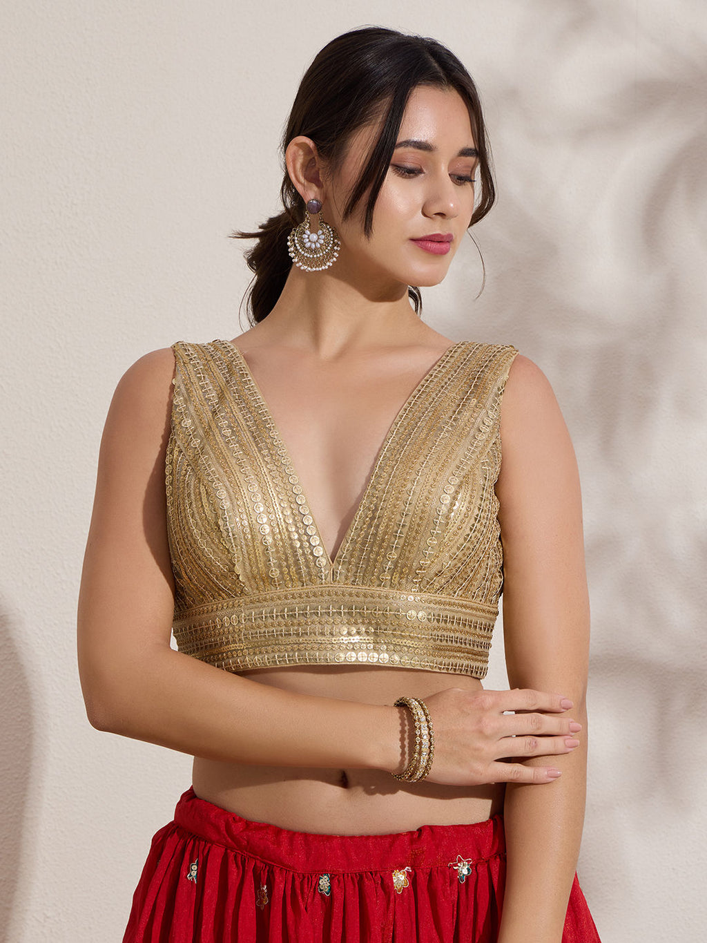 The Blouse Originals Gold Sequinned V-Neck Readymade Saree Blouse