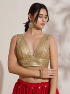 The Blouse Originals Gold Sequinned V-Neck Readymade Saree Blouse