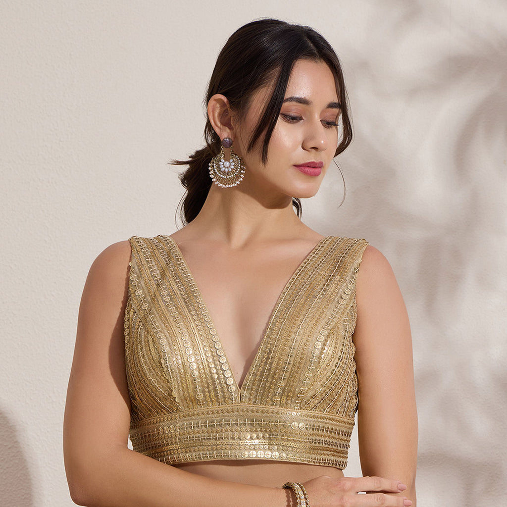 The Blouse Originals Gold Sequinned V-Neck Readymade Saree Blouse