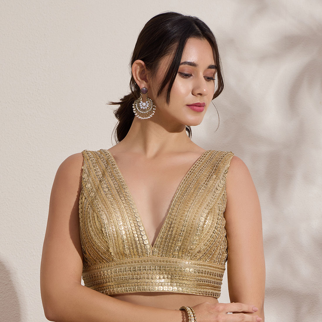 The Blouse Originals Gold Sequinned V-Neck Readymade Saree Blouse