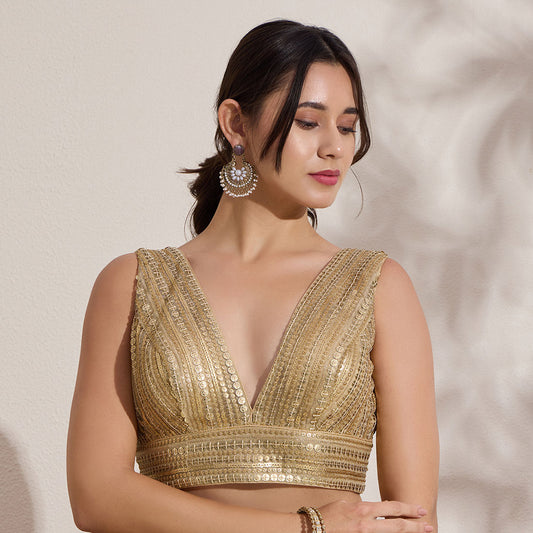 Gold Sequin V Neck Designer Padded Blouse