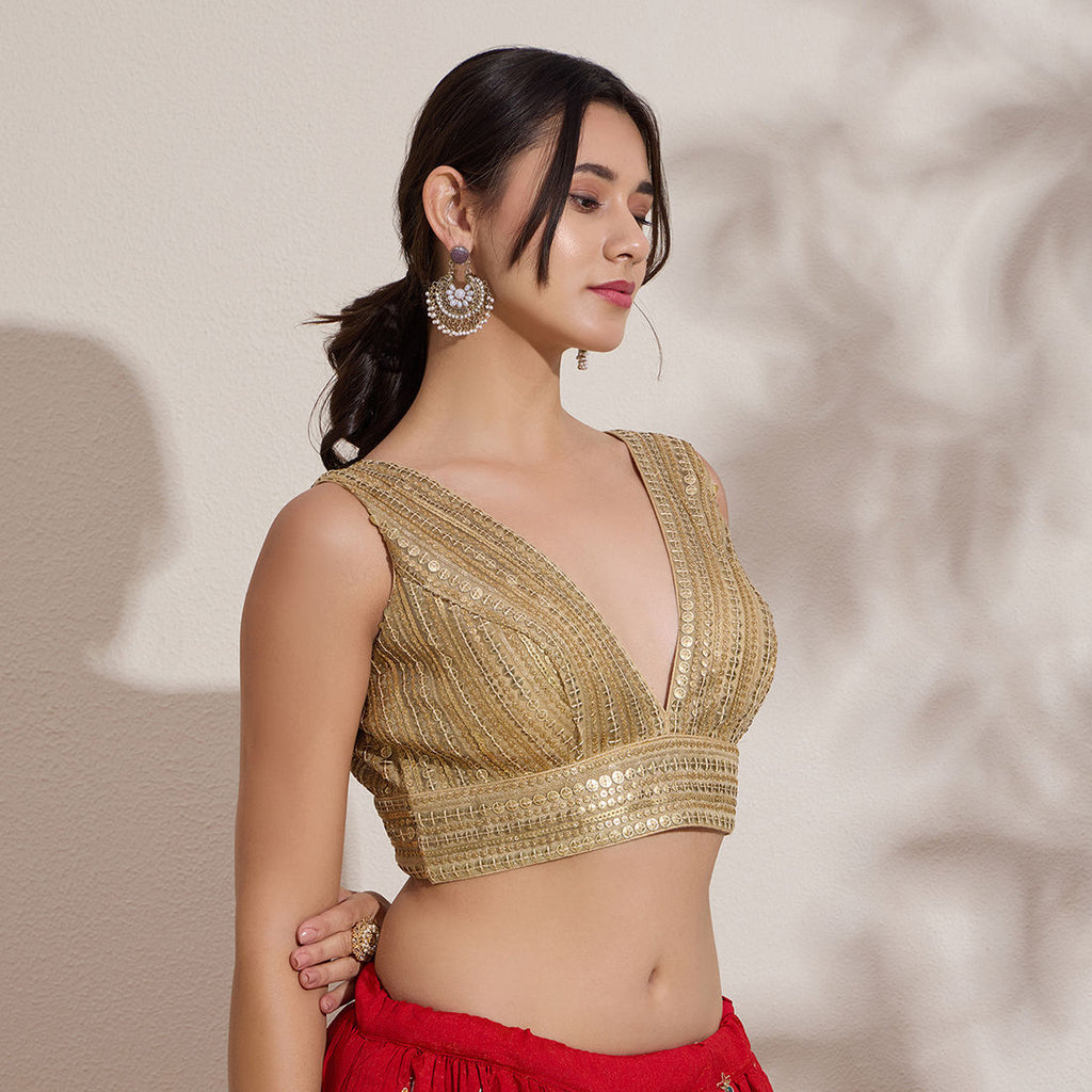 The Blouse Originals Gold Sequinned V-Neck Readymade Saree Blouse
