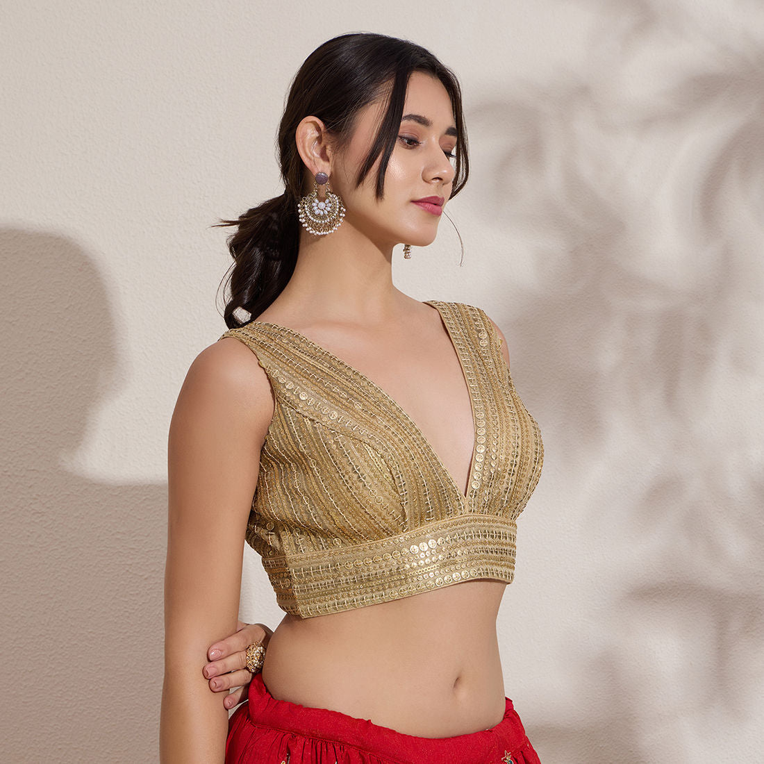 The Blouse Originals Gold Sequinned V-Neck Readymade Saree Blouse