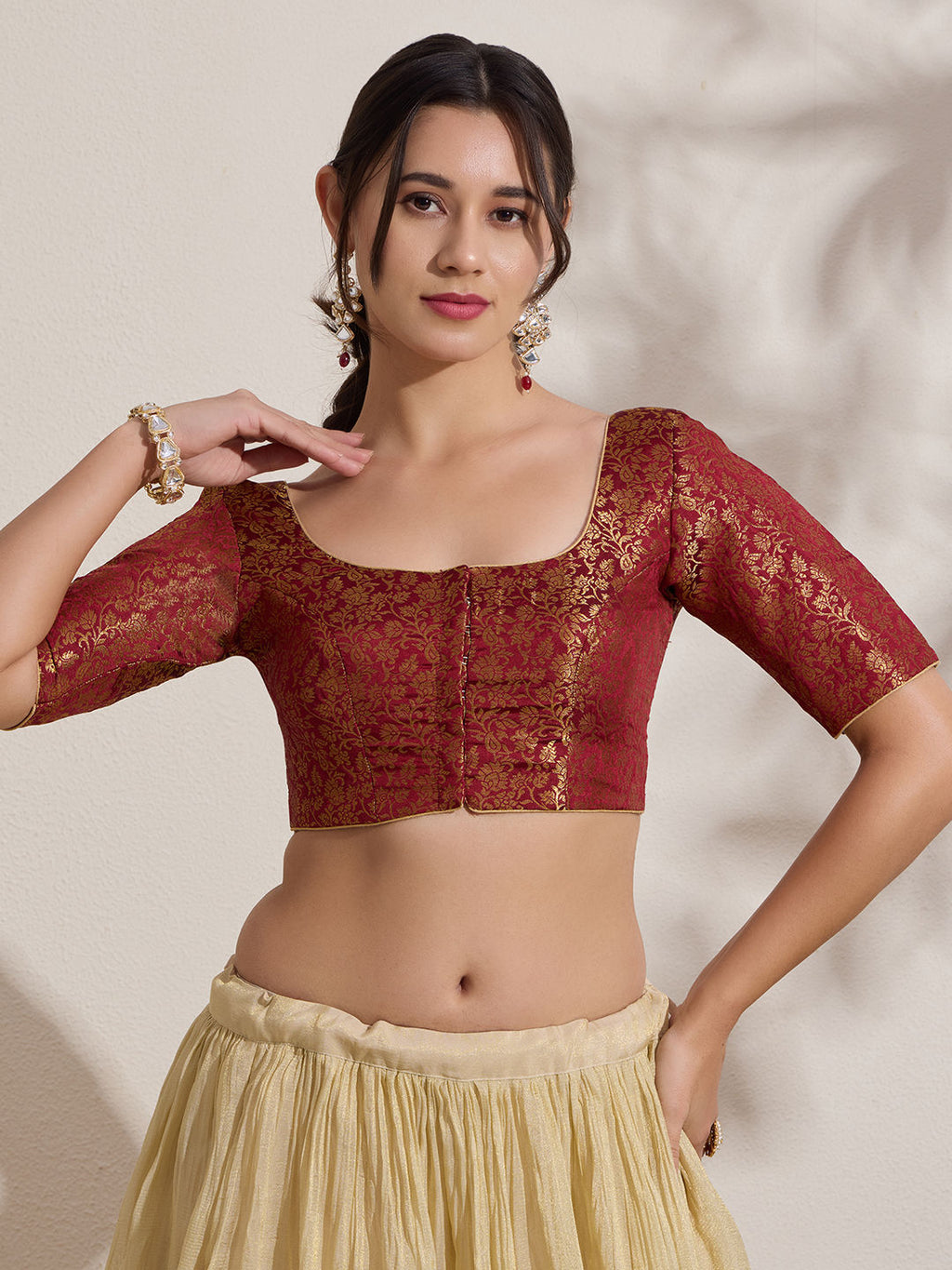The Blouse Originals Maroon Brocade Woven Design Zari Readymade Saree Blouse