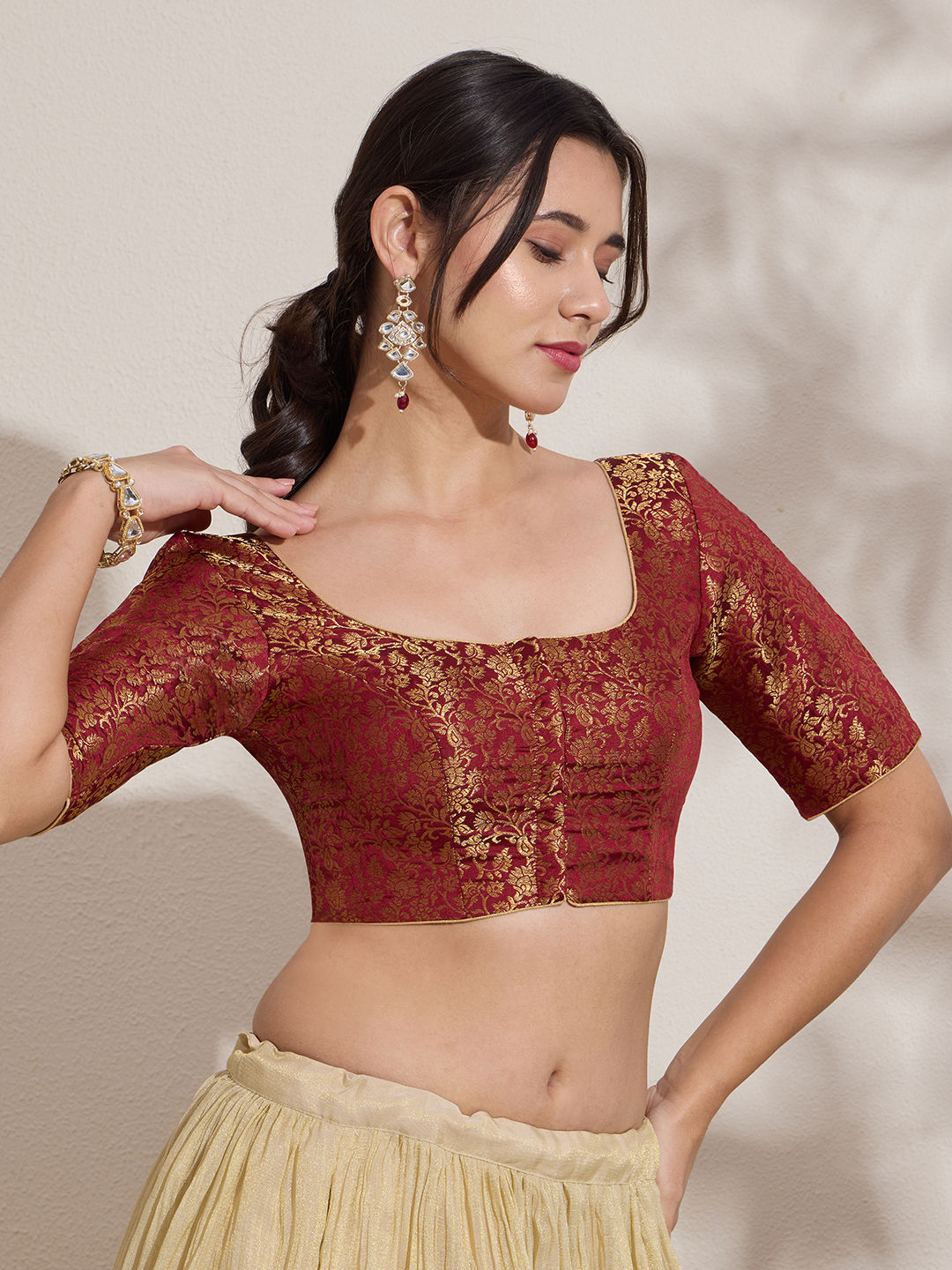 The Blouse Originals Maroon Brocade Woven Design Zari Readymade Saree Blouse