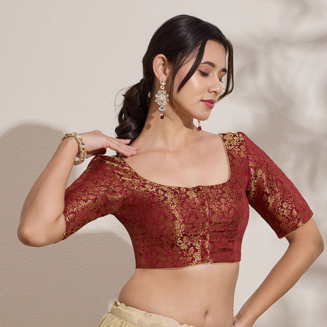 The Blouse Originals Maroon Brocade Woven Design Zari Readymade Saree Blouse