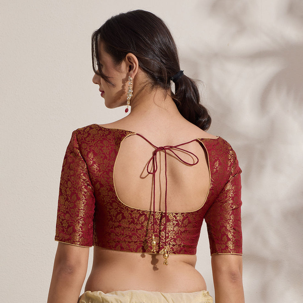 The Blouse Originals Maroon Brocade Woven Design Zari Readymade Saree Blouse