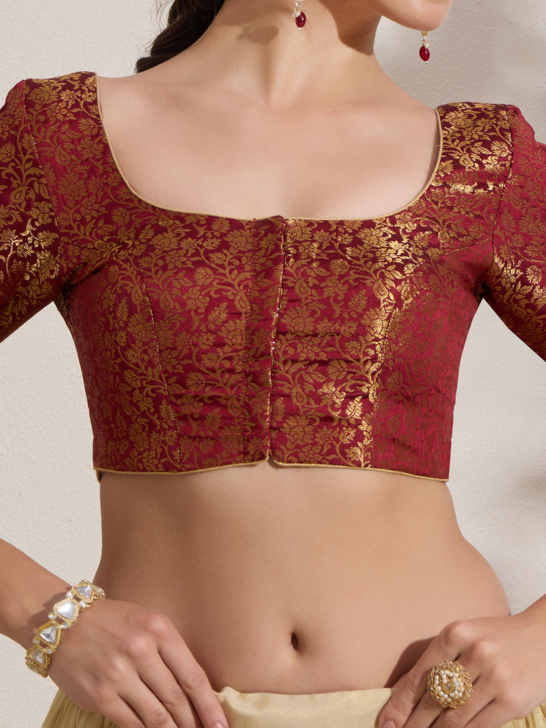 The Blouse Originals Maroon Brocade Woven Design Zari Readymade Saree Blouse