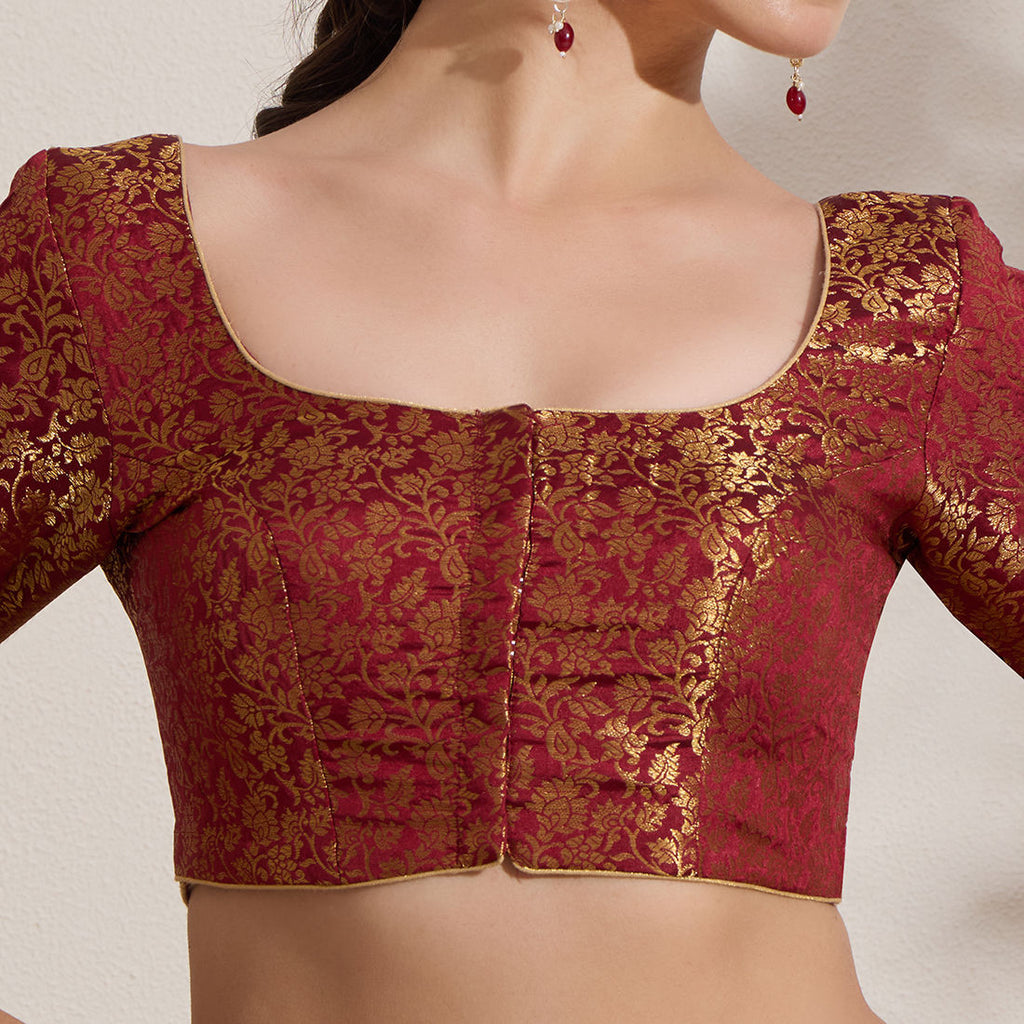 The Blouse Originals Maroon Brocade Woven Design Zari Readymade Saree Blouse
