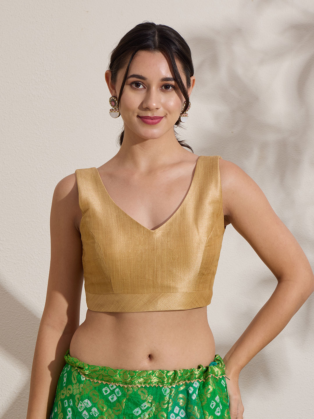 The Blouse Originals Metallic Gold Silk Brocade V-Neck Readymade Saree Blouse