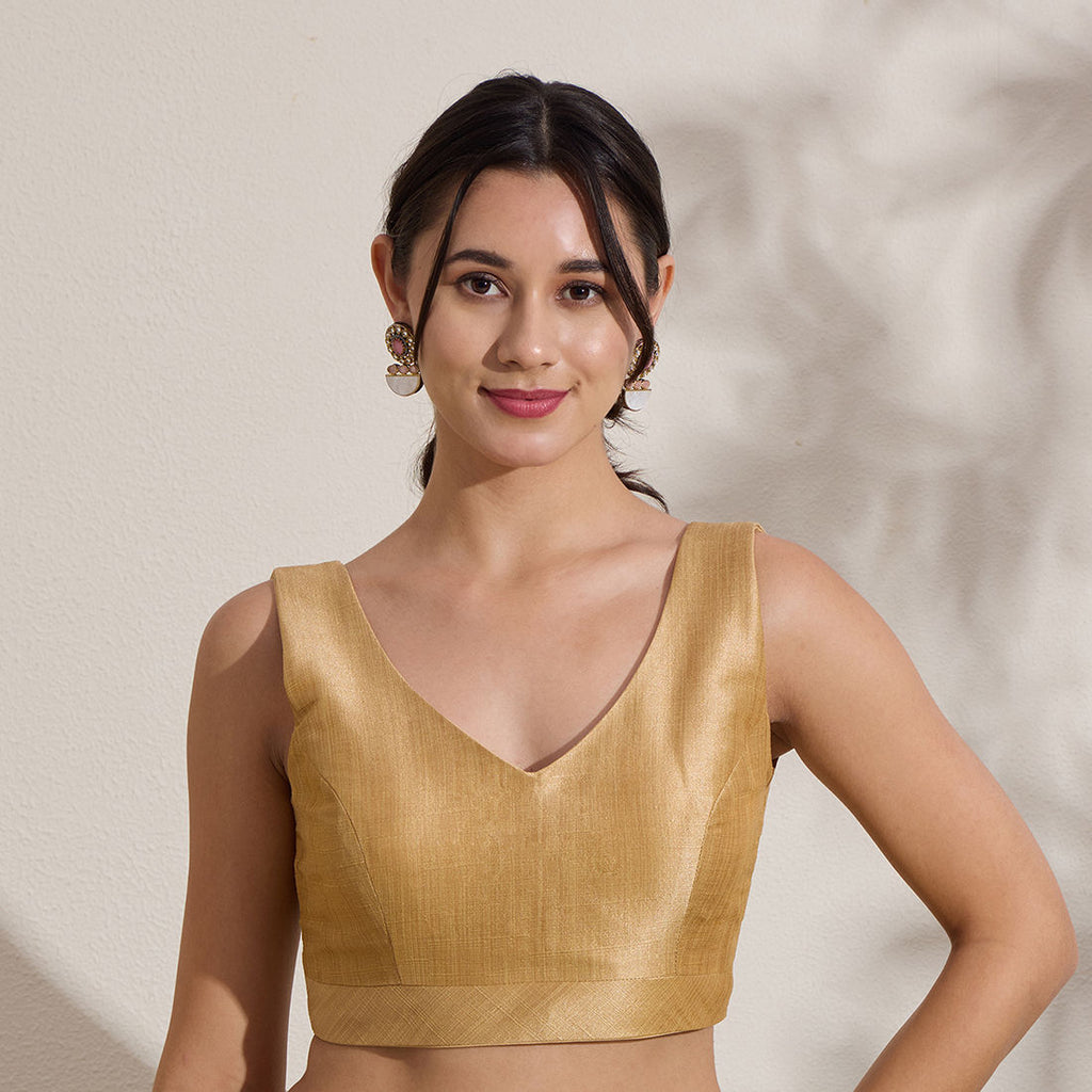 The Blouse Originals Metallic Gold Silk Brocade V-Neck Readymade Saree Blouse