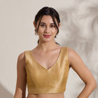 The Blouse Originals Metallic Gold Silk Brocade V-Neck Readymade Saree Blouse