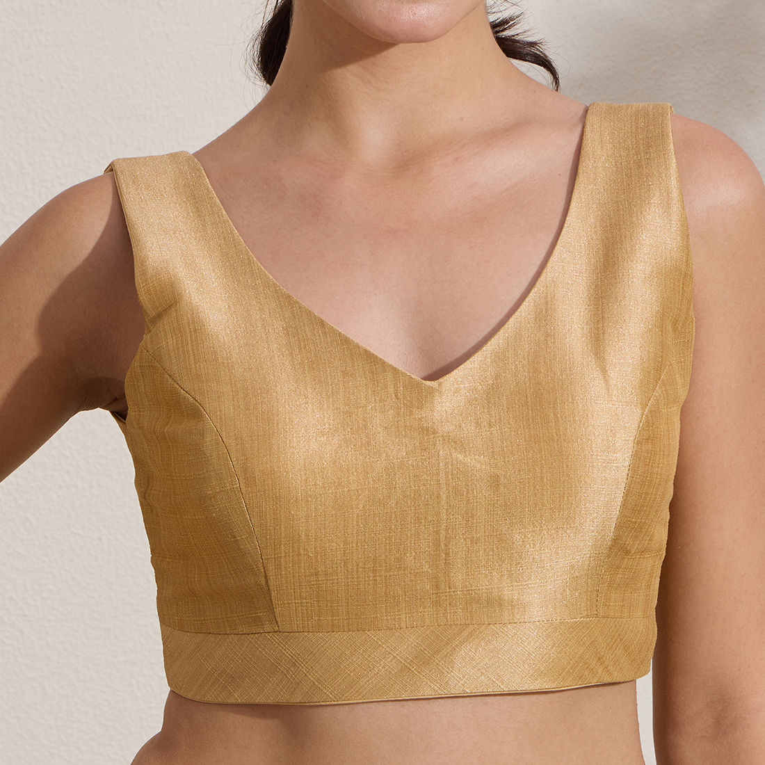 The Blouse Originals Metallic Gold Silk Brocade V-Neck Readymade Saree Blouse