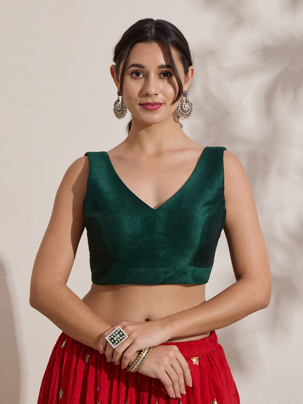 The Blouse Originals Metallic Green Silk Brocade V-Neck Readymade Saree Blouse