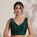 The Blouse Originals Metallic Green Silk Brocade V-Neck Readymade Saree Blouse