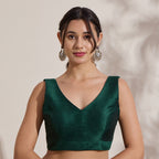 The Blouse Originals Metallic Green Silk Brocade V-Neck Readymade Saree Blouse