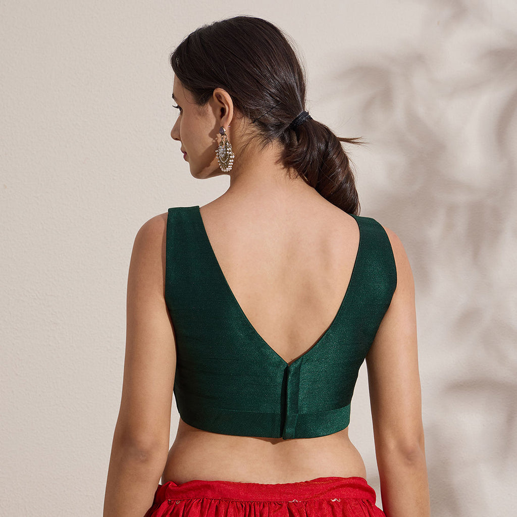 The Blouse Originals Metallic Green Silk Brocade V-Neck Readymade Saree Blouse