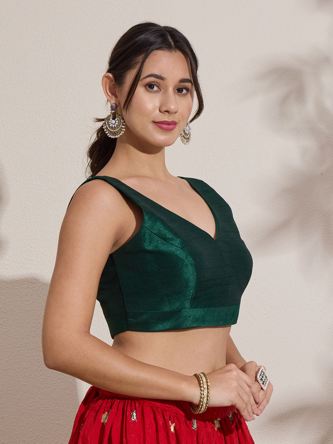 The Blouse Originals Metallic Green Silk Brocade V-Neck Readymade Saree Blouse