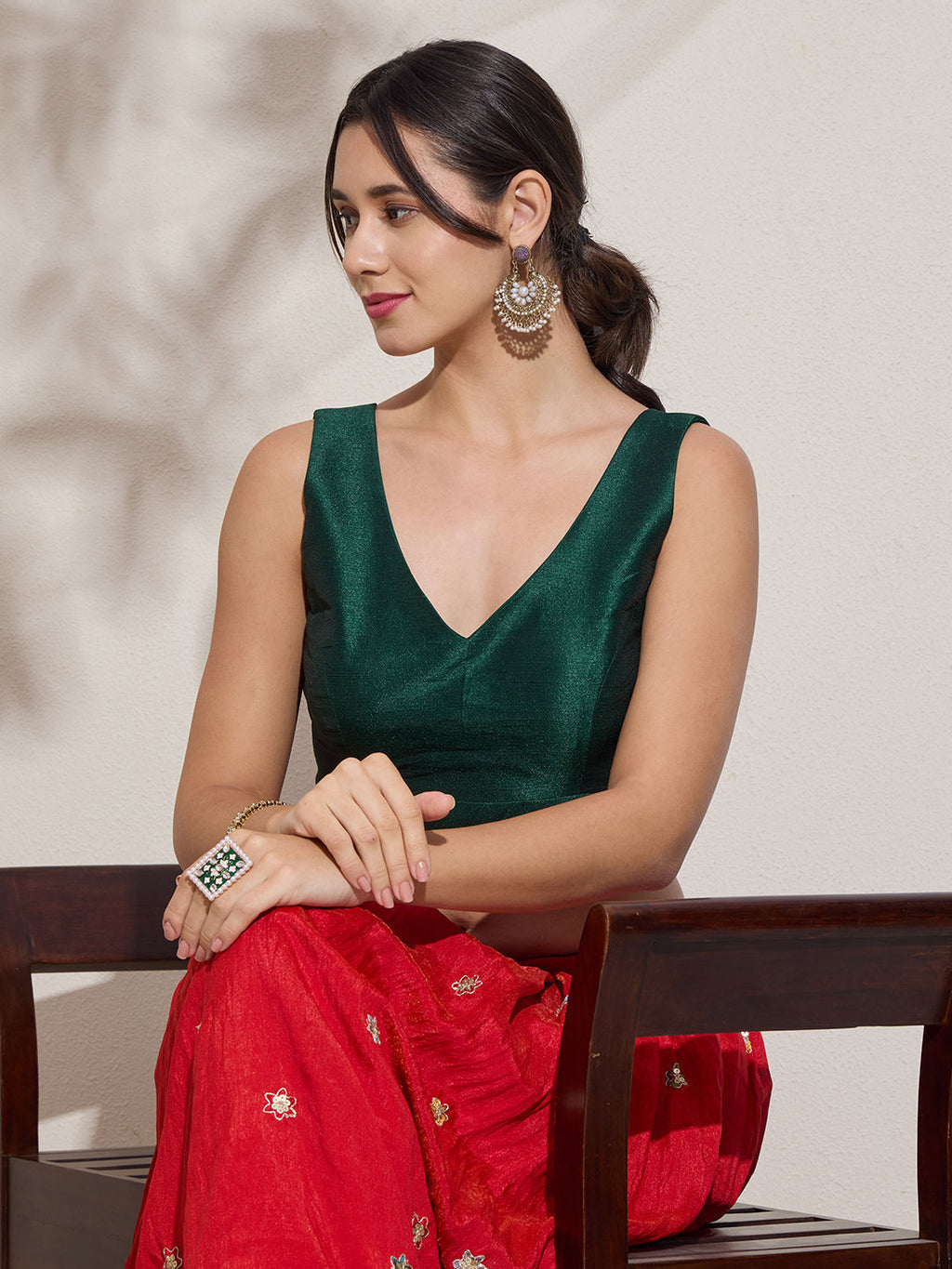 The Blouse Originals Metallic Green Silk Brocade V-Neck Readymade Saree Blouse