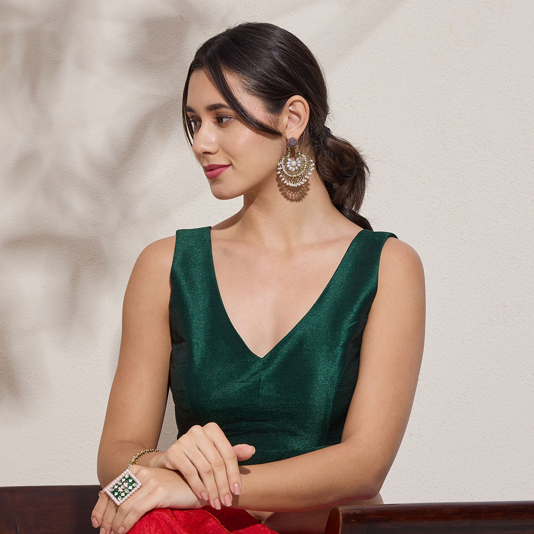 The Blouse Originals Metallic Green Silk Brocade V-Neck Readymade Saree Blouse