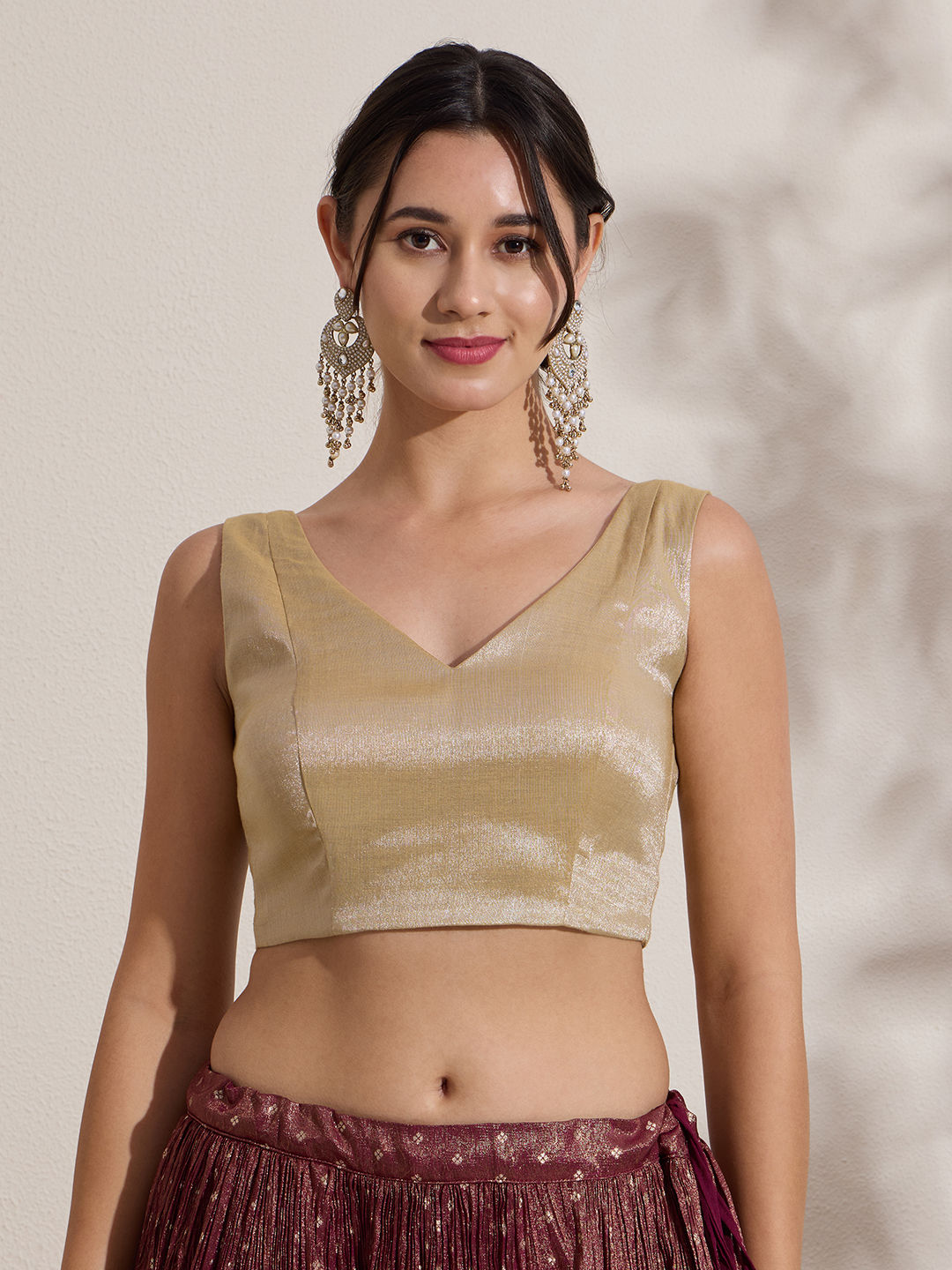 The Blouse Originals Metallic Gold Silk Brocade V-Neck Readymade Saree Blouse