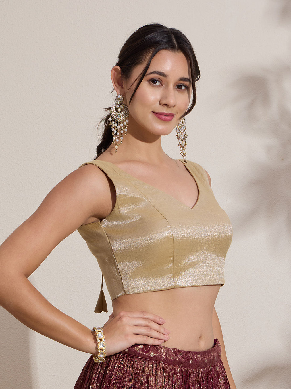 The Blouse Originals Metallic Gold Silk Brocade V-Neck Readymade Saree Blouse