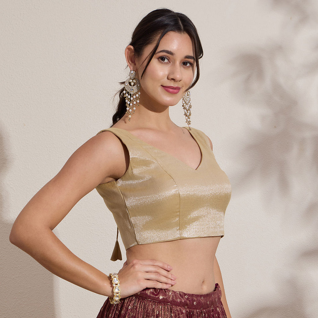 The Blouse Originals Metallic Gold Silk Brocade V-Neck Readymade Saree Blouse