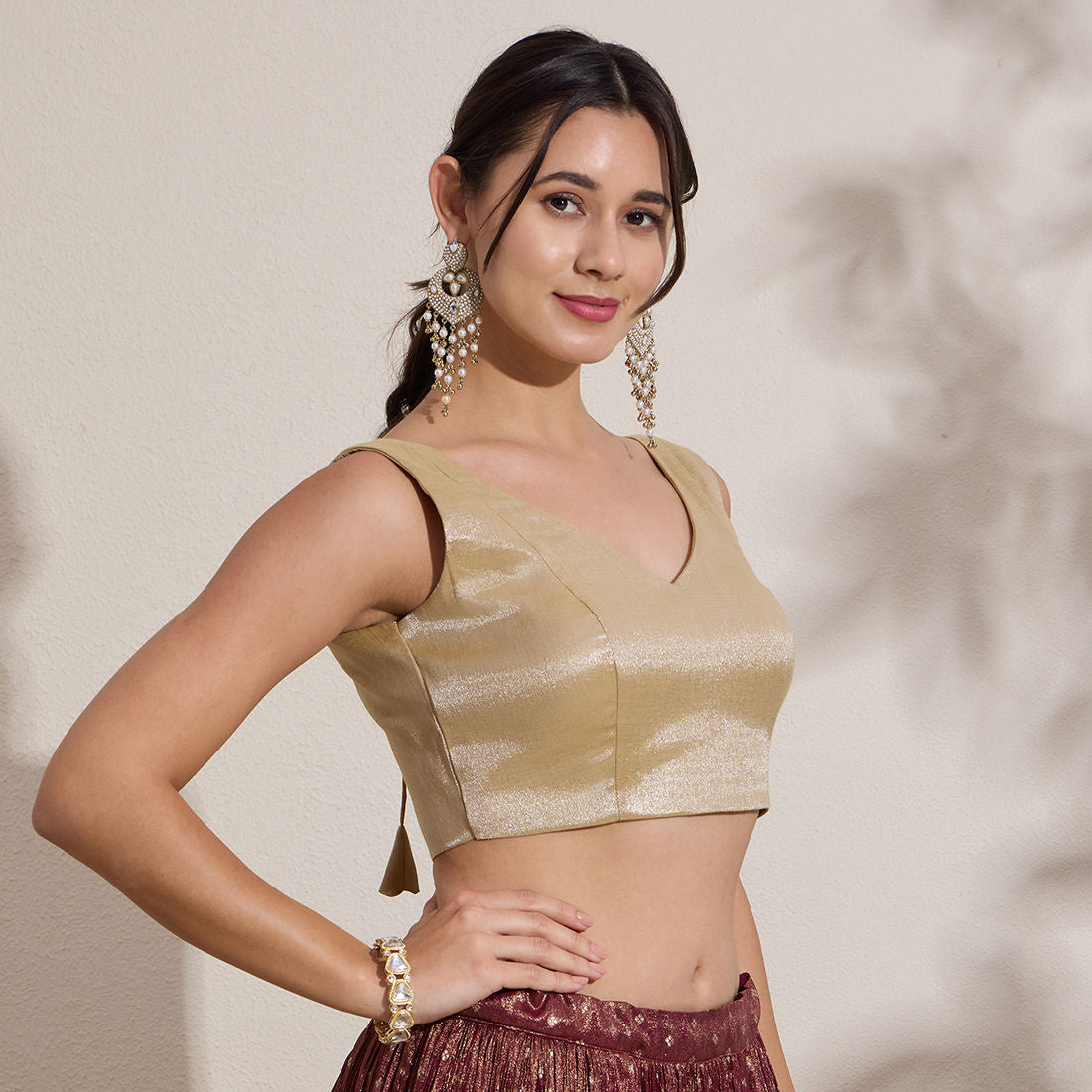 The Blouse Originals Metallic Gold Silk Brocade V-Neck Readymade Saree Blouse