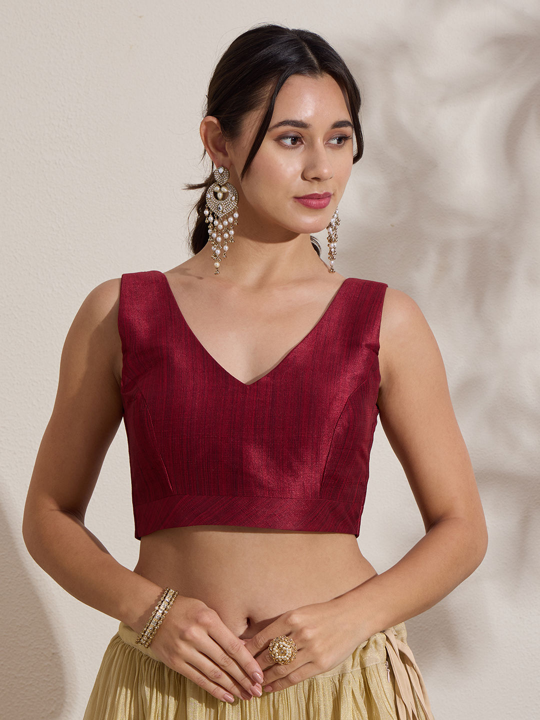 The Blouse Originals Metallic Red Silk Brocade V-Neck Readymade Saree Blouse