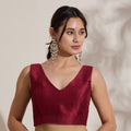 The Blouse Originals Metallic Red Silk Brocade V-Neck Readymade Saree Blouse