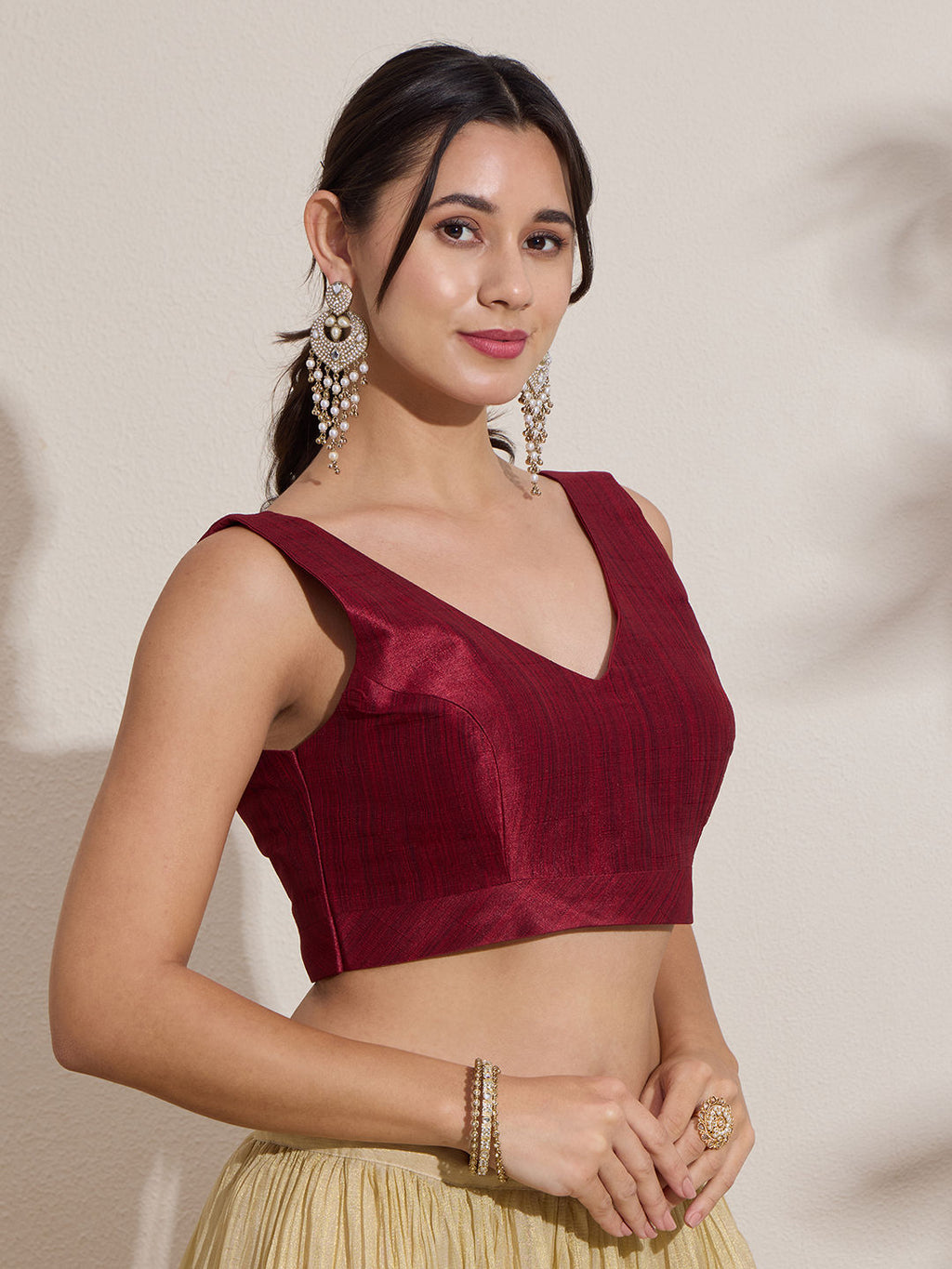 The Blouse Originals Metallic Red Silk Brocade V-Neck Readymade Saree Blouse