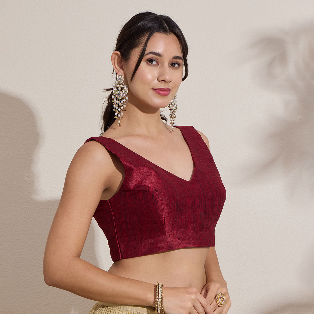 The Blouse Originals Metallic Red Silk Brocade V-Neck Readymade Saree Blouse